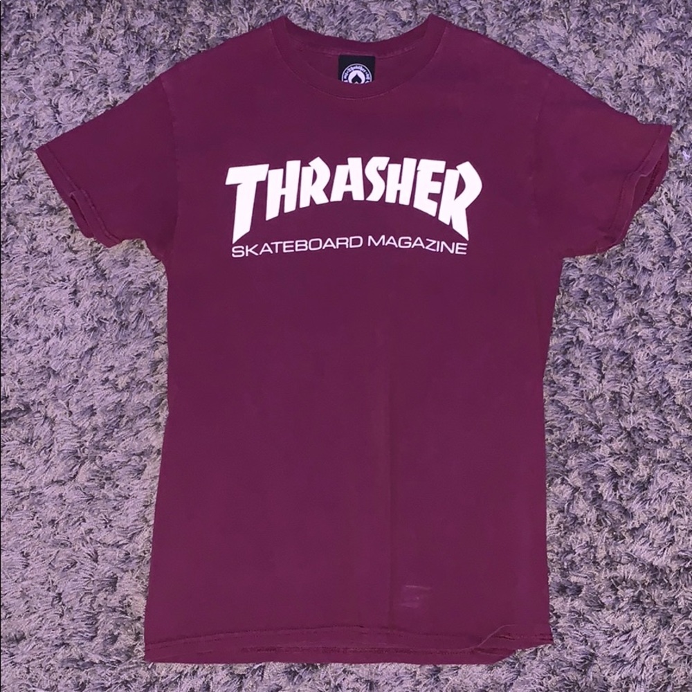 burgundy thrasher skateboard magazine shirt